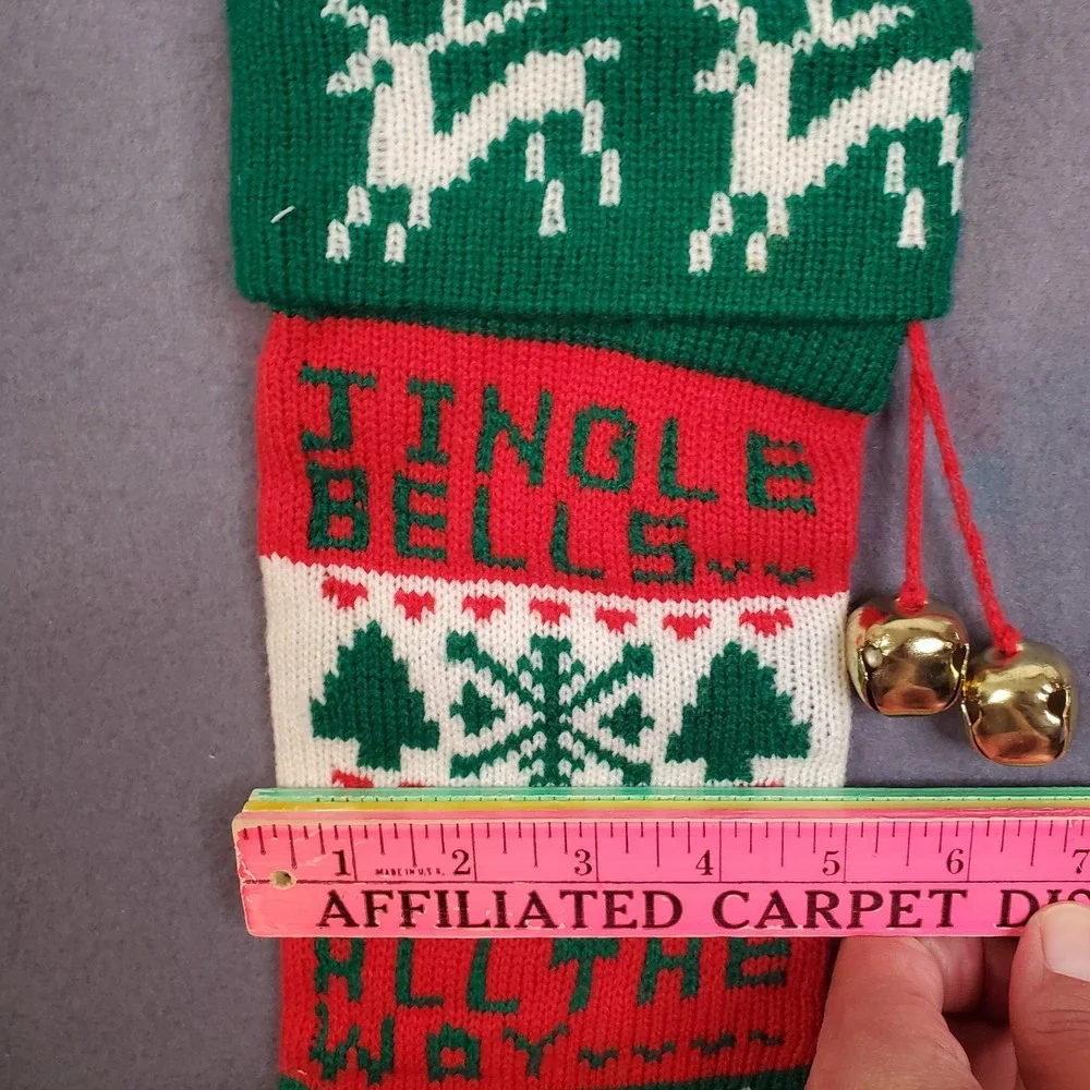 Vintage Knit Christmas Stocking Red White Green Jingle Bells All The Way 18